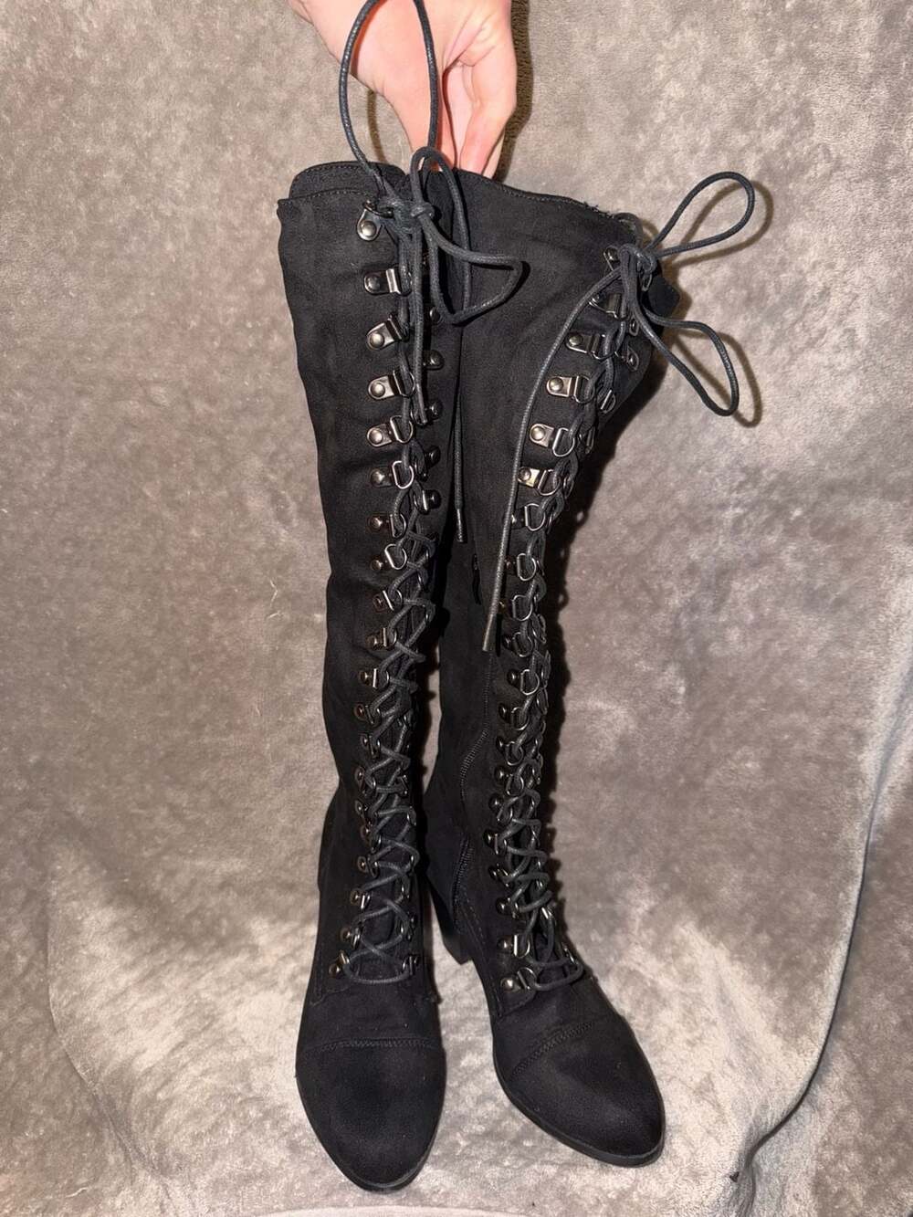Mark and Maddux Women's Knee High Lace Up Heeled Black Suede Boots